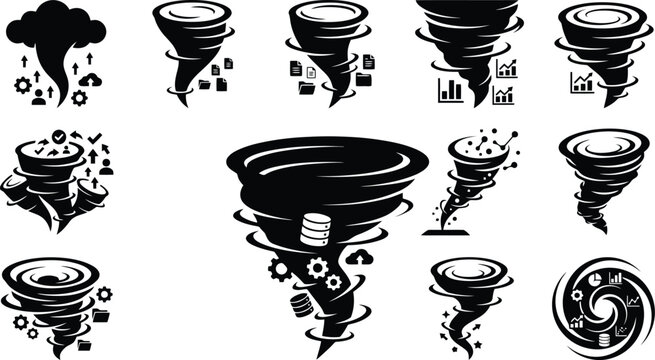 Black Tornado Icons Swirling with Data and Business Symbols Vector Set for Information Technology, Data Management & Analytics (EPS)