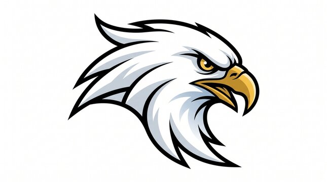 *Fierce cartoon eagle head logo. White feathers, sharp golden beak, intense yellow eye, and bold black outlines. Strong, clean vector style on white background.*