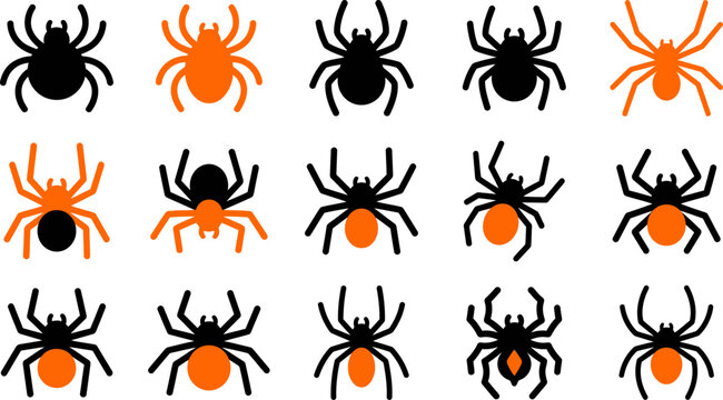 Set of various black and orange spider icons isolated on a white background for halloween design elements
