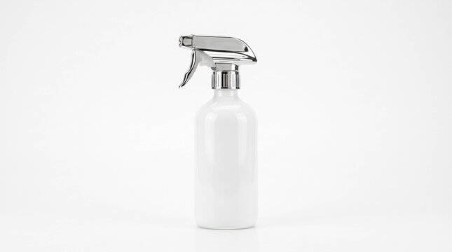White Spray Bottle with Chrome Trigger, Symbolizing Hygiene and Cleanliness, Sanitation