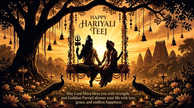 Happy Hariyali Teej - Magical Night Scene with Woman on Swing Under Full Moon and Fairy Lights