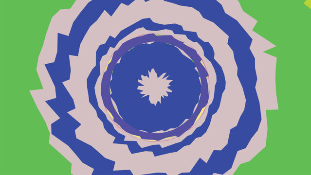 Circular concentric wave pattern with jagged edges in blue green and pastel tones creates hypnotizing radial movement effect for background.