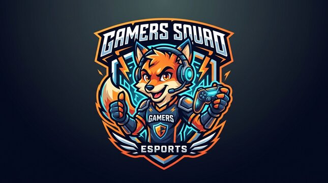*Esports logo with a cool orange fox in gaming headset. Holding controller and thumbs up. Text "GAMERS SQUAD ESPORTS" with lightning and shield.*