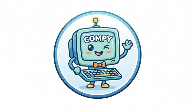 *Cute cartoon retro computer named "COMPY". Waving, winking, with bow tie and keyboard. Light blue circle badge, cheerful flat illustration.*