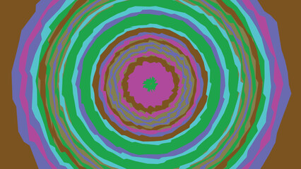 Naklejka premium Circular vibrant pattern with concentric rings of jagged and irregular colored bands creating hypnotic optical illusion effect for graphic design.