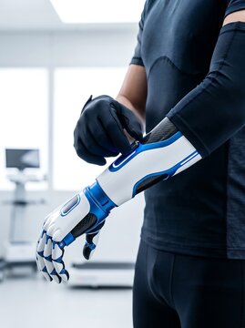 Advanced bionic prosthetic arm with futuristic robotic hand, person adjusting high-tech prosthetic limb in medical clinic, modern cybernetic artificial arm for rehabilitation 2026