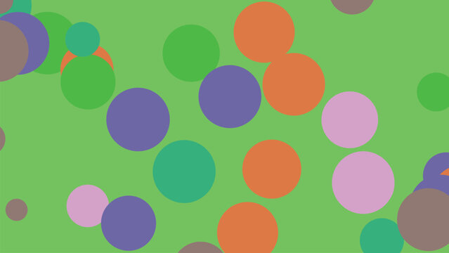 Colorful circles pattern on solid green background featuring scattered bright dots in orange purple and pink shades for fun creative design.