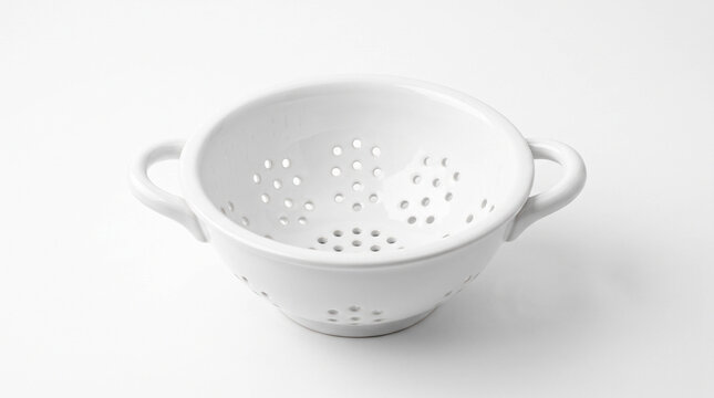 White Ceramic Colander with Perforated Bowl Symbolizing Culinary Preparation, Kitchenware