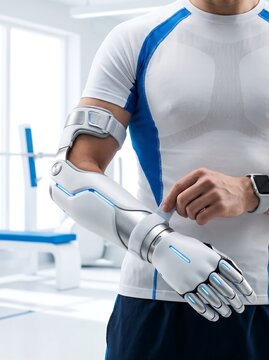 Futuristic bionic arm prosthesis on athlete in gym, advanced robotic prosthetic limb for physical rehabilitation, high-tech cybernetic hand for sports and medical recovery 2026