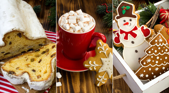 Christmas collage. Christmas gingerbread, stollen and hot chocolate with marshmallows in the cup on a wooden background.
