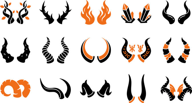 Set of various fantasy animal and demon horns isolated on a white background for character design projects