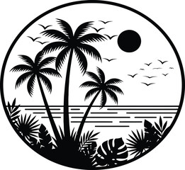 Fototapeta premium Tropical scene silhouette with palm trees sun and birds in a circular frame