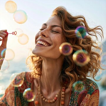Woman blows bubbles by the sea at sunset during a summer day in a coastal area