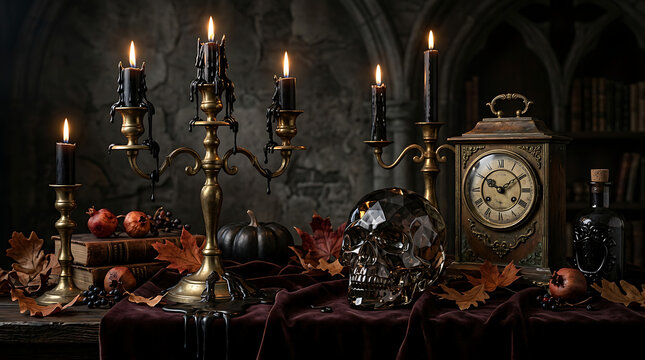Elegant Gothic Still Life with Candles and Antique Clock. Dark Vintage Decor Scene with Candlelight and Rich Textures