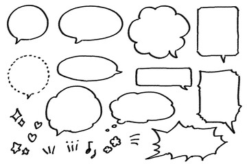 Fototapeta premium Black hand drawn speech bubble set, comic balloons and callouts, doodle dialog boxes collection ／ 手描き吹き出しセット モノクロ 手書き コミック 吹き出し・効果線・装飾 透過PNG