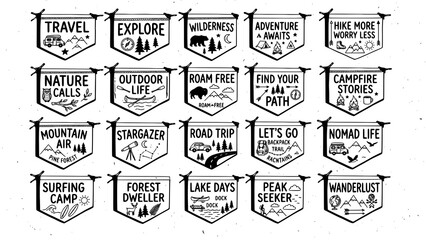 Set of hand drawn adventure pennants with camping travel and outdoor exploration themed typography designs © Chadni