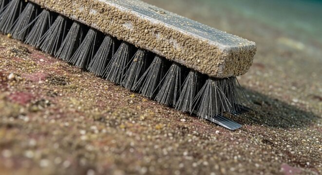 Close-up view of a well-worn cleaning brush with stiff bristles removing grime from a rough textured surface.