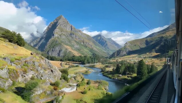 Immersive 4K UHD first person perspective filmed from a passenger carriage cruising through the Sacred Valley of Peru showcasing terraced agriculture ancient mountains and rich native travel scenery