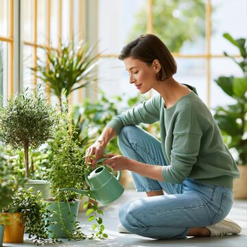 Woman waters green plants in a bright indoor garden space while sitting on the floor during the daytime