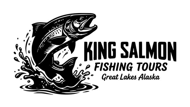 Vintage style king salmon fishing tours logo design with a jumping fish and water splash