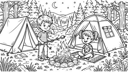 Black and white coloring page for children featuring kids camping in the forest at night