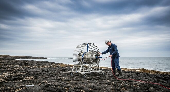 Engineer testing advanced wave energy converter equipment on a rocky coastline by the sea