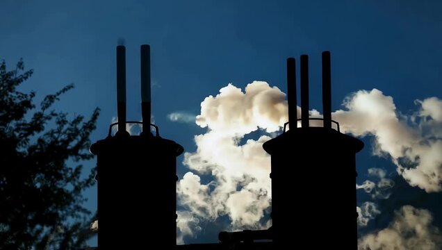 High resolution 4K macro lens footage capturing plumes of dark exhaust pouring from a pair of slender manufacturing pipes silhouetted against a pale sky to underscore industrial atmospheric waste