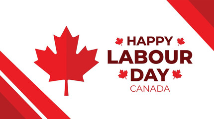 Fototapeta premium Happy labour day canada greeting card design with a red maple leaf and geometric corner accents on white