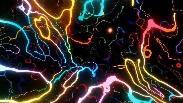 Creative 4K abstract technology loop showcasing fine multi colored matrix dots and connecting vector lines drifting across a dark void perfect as an aesthetic background for data science webinars