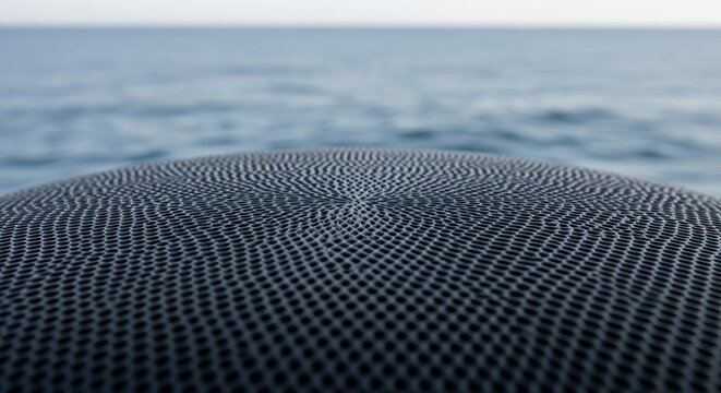 Extreme macro of a sonar transducer with circular dot pattern against a blurred ocean and sky background