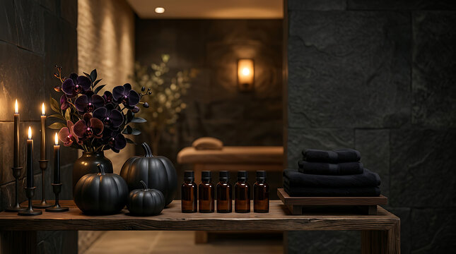 Elegant spa setting with candles and flowers. Relaxing wellness ambiance with soft lighting and calming decor.