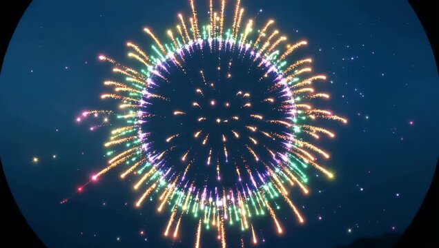 Spectacular 4K digital motion graphic depicting a perfectly circular ring of golden fireworks bursting and sparkling in a dark night sky ideal for festive New Year wedding and celebratory intros