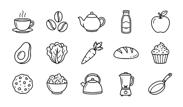 Food and Beverage Outline Icons Collection with Coffee, Bread, Fruits and Kitchen Essentials