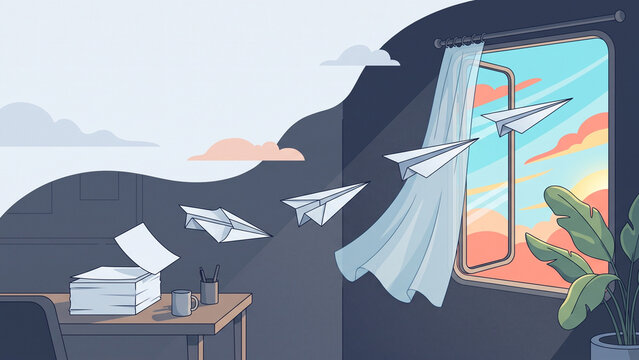 Paper Airplanes Escape a Dark Office Through Sunny Window