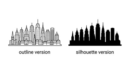 Fototapeta premium Two Views of a Cityscape: A comparison of a city skyline presented in both an outline drawing and a silhouette version, showcasing the iconic shapes of tall buildings.