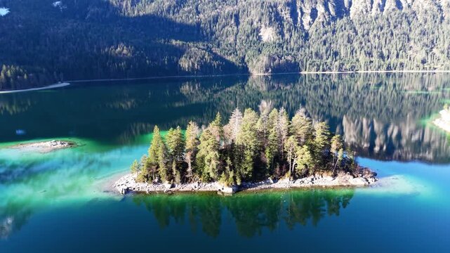 Aerial View of Small Pine Tree Island in Lake Eibsee Bavaria Germany