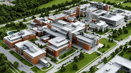 Fototapeta premium Modern Hospital Complex Aerial View: An expansive, modern hospital complex viewed from above, showcasing contemporary architecture, well-maintained grounds.