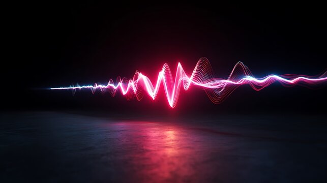 A 3D rendering of a neon soundwave traveling across a dark background