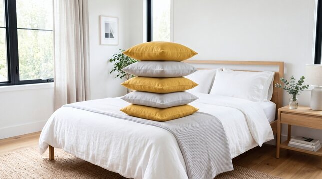 Stack of decorative pillows on a neatly made bed in a bright bedroom.