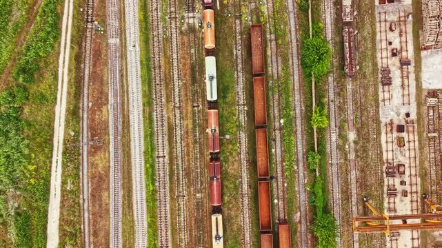 A view from above shows a train yard with many railway tracks and freight cars parked. Green grass and some trees are nearby. The sun is shining down on the scene.
