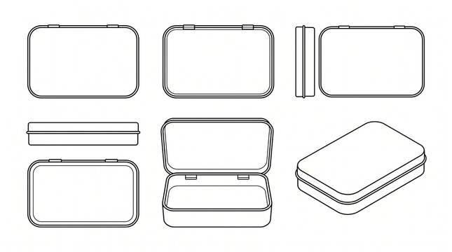 Rectangular Tin Box Vector Mockup Set, Outline Small Metal Container Template in Different Views for Packaging Design