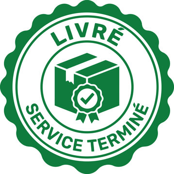 Green service terminee stamp livr with checked package and finished service symbol.