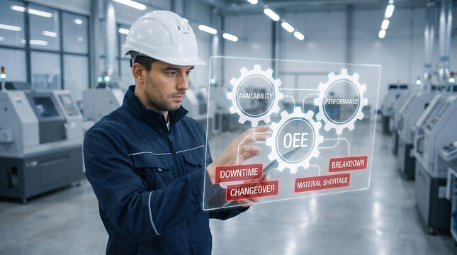Industrial engineer analyzing factory operational efficiency data using a holographic digital touch screen display interface panel