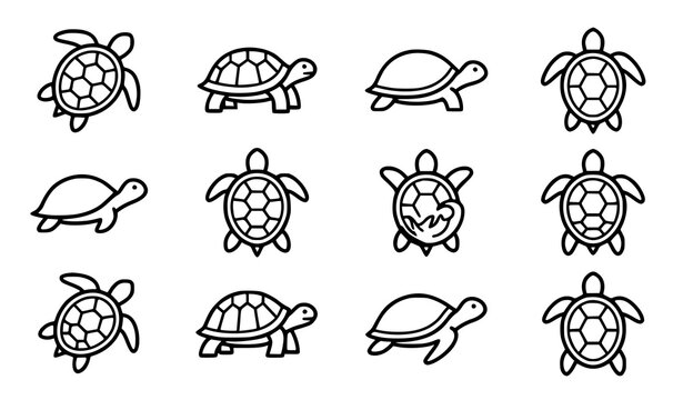 Cute Sea Turtle Outline Icons Collection with Different Swimming and Walking Turtle Poses