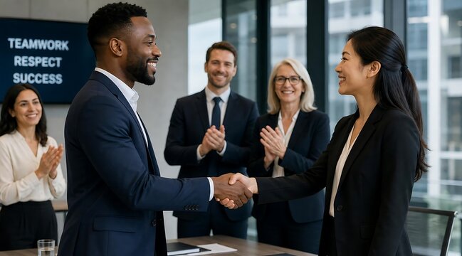 Smiling diverse business team shakes hands, celebrates partnership in office.