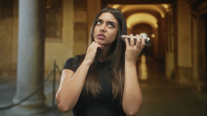 Obraz premium Young woman holding smartphone to ear with hand on chin in building corridor, looking upward and thoughtful; contemplative.