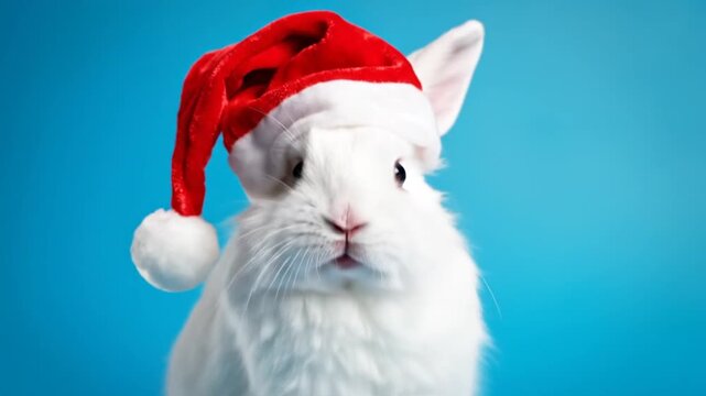 White rabbit wearing Santa hat on blue background