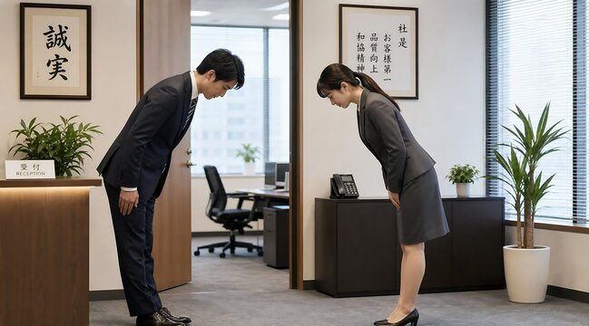 Two Japanese business people bowing formally in a modern office environment.