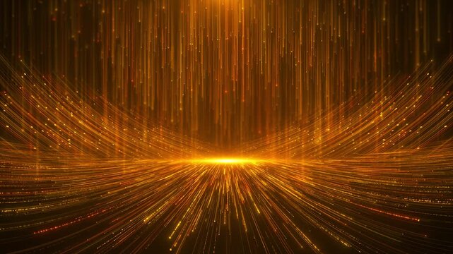 Golden stage light rays background sweeping curves, vertical lines, and sparkling particles glowing floor.