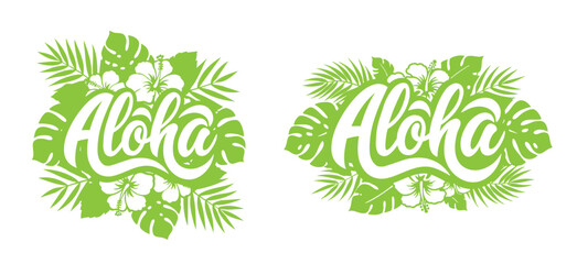 Aloha Tropical Lettering Set — Hawaiian Handwritten Typography with Palm Leaves and Hibiscus © дима селиванов